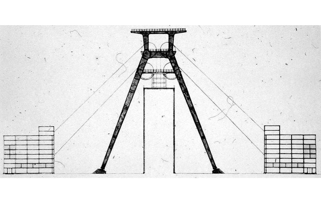 Zeche Zollverein, Skizze des Fördergerüsts mit Fördermaschinenhäusern, um 1932