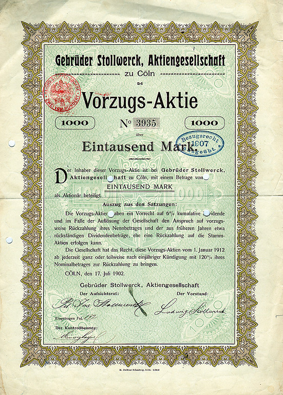 Vorzugsaktie über 1000 Mark der "Gebrüder Stollwerck, Aktiengesellschaft zu Cöln" vom 17. Juli 1902.