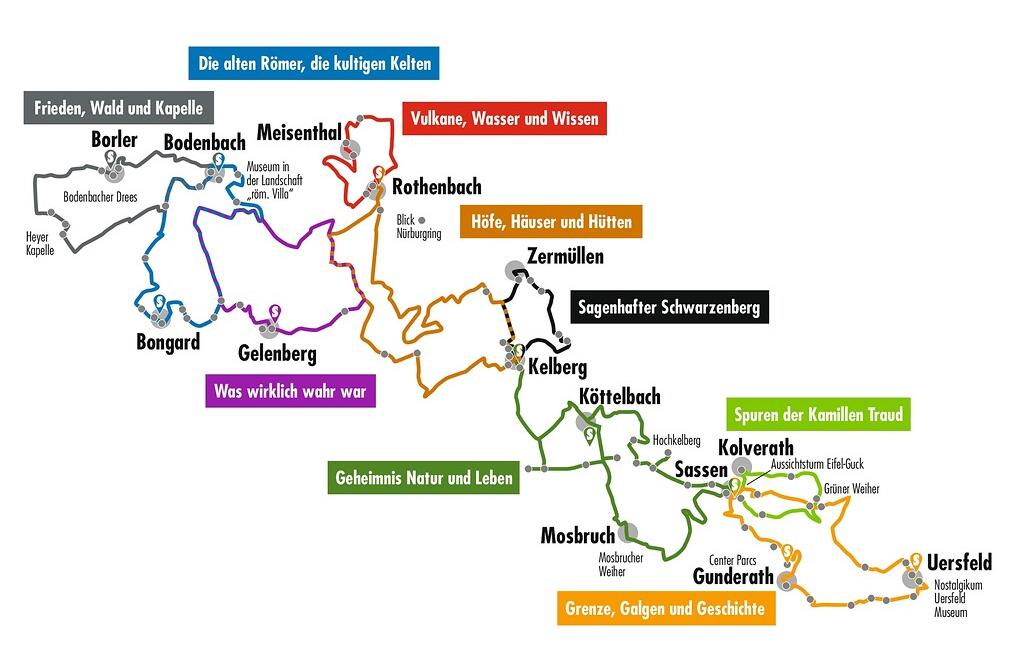 Übersichtskarte der einzelnen Themenrouten der Geschichtsstraße rund um den Hochkelberg (2020)