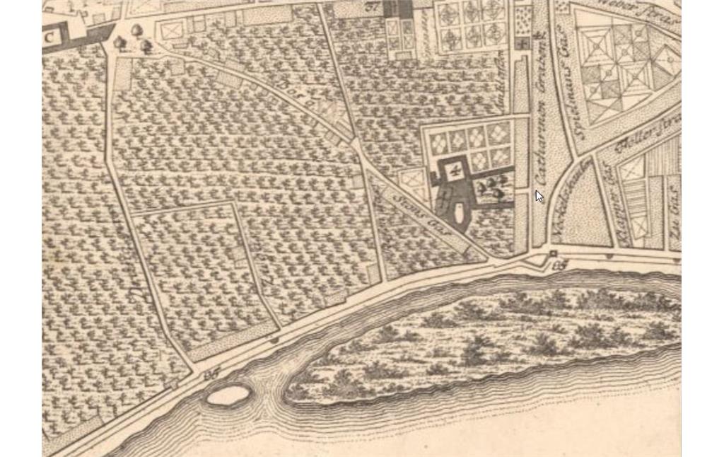 Das Kloster Sion / Maria im Spiegel zwischen der "Sions Gas" und "S. Catharinen Graben", davor die damalige Rheininsel im Kölner Stadtplan von Johann Valentin Reinhardt von 1752.