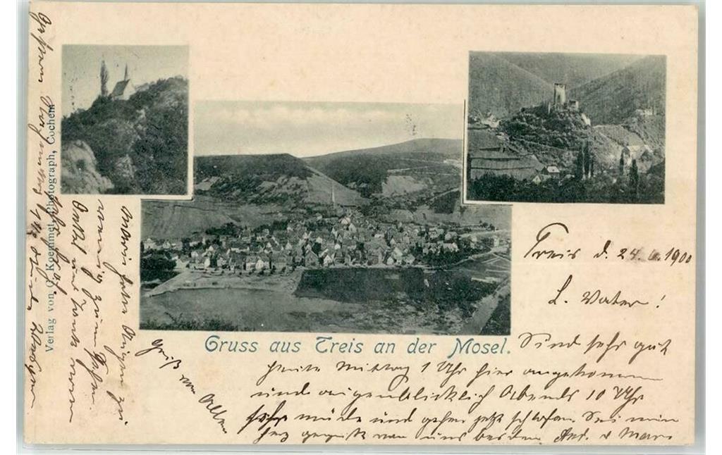 Historische Postkarte aus Treis mit Fotos der Zilleskapelle, der Ortslage und der Wildburg (gelaufen am 24.06.1900)