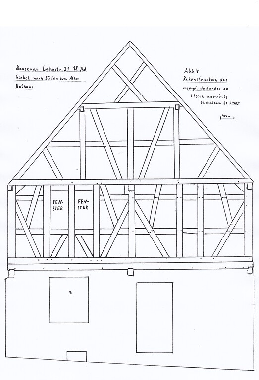 Rekonstruktionszeichnung des Fachwerkgebäudes Lahnstraße 21 in Dausenau (1995)