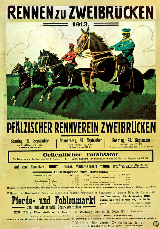Werbeplakat "Rennen zu Zweibrücken" des Pfälzischen Rennvereins Zweibrücken für drei Pferderennen, die im September 1913 stattfanden (1913)