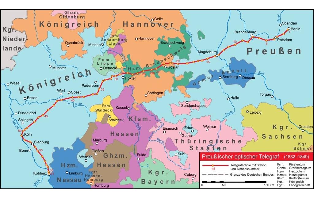 Thematische Karte 'Verlauf des Preußischen optischen Telegrafs um 1835' mit den Stationen auf der Strecke Berlin-Koblenz und den damaligen Territorien (2007).
