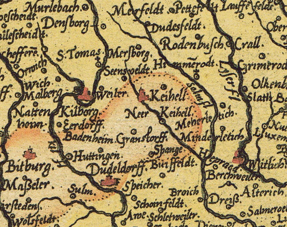 Ausschnitt aus der Karte "Trevirensis Episcopatus Exactissimo Descriptio" ("Exakte Beschreibung des Bistums Trier" von Jan van Schilde, Antwerpen 1578) im Bereich der Eifelflüsse Sauer, Kyll, Salm und Lieser.