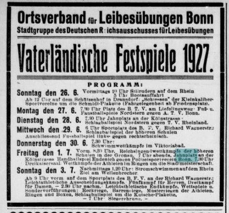 Hinweis auf das Programm der "Vaterländischen Festspiele 1927" in Bonn, die vom 26. Juni bis 3. Juli 1927 in verschiedenen Bonner Sportstätten ausgerichtet wurden (General-Anzeiger vom 25. Juni 1927).