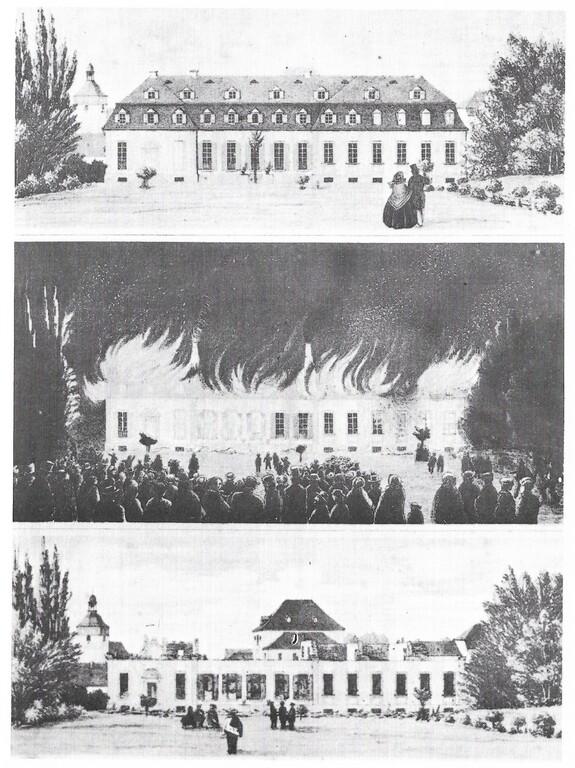 Bilder von der Residenz in Kirchheimbolanden vor, während und nach dem Brand von 1861