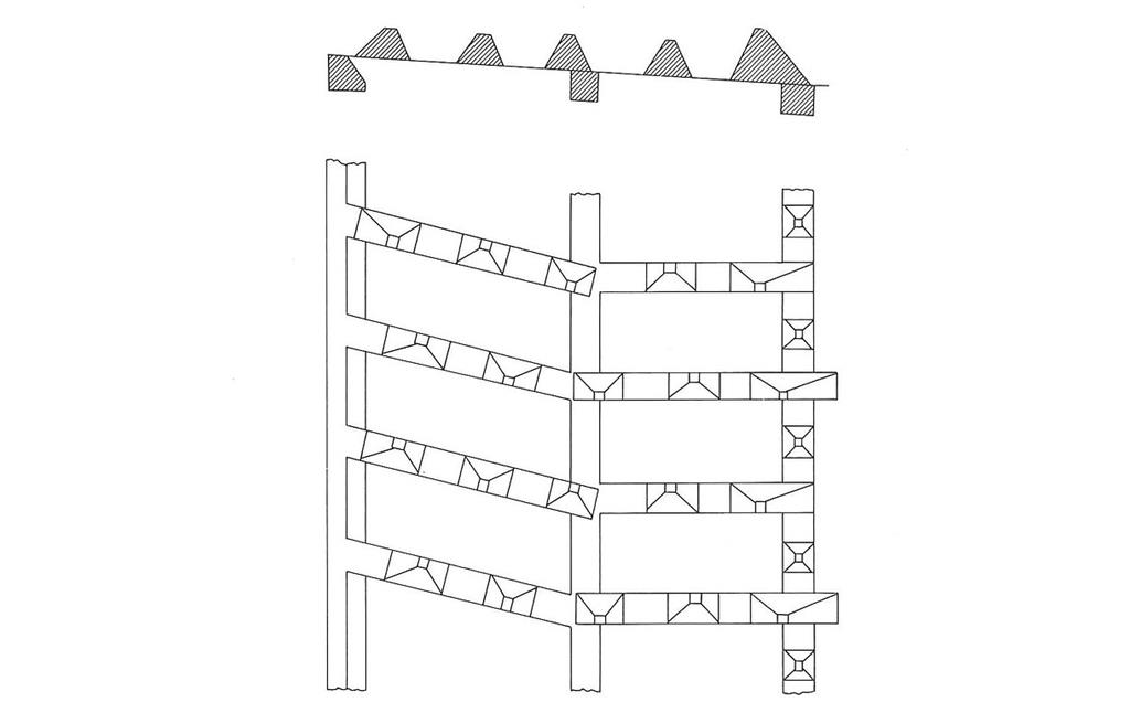 Regelbauten des Westwalls: Zeichnung von Querschnitt (oben) und Grundriss (unten) eines Betonhöckerhindernisses 1939 (aus Manfred Groß, Der Westwall, 1989).