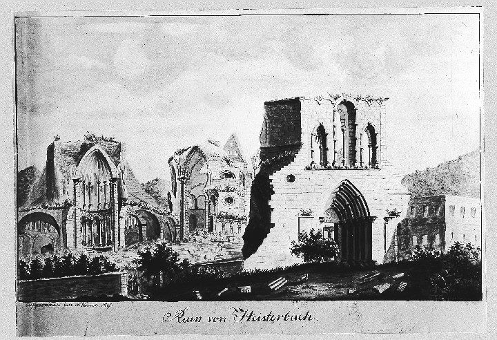 Historische Ansicht aus dem 19. Jahrhundert: Die Ruinen der Abtei Heisterbach.