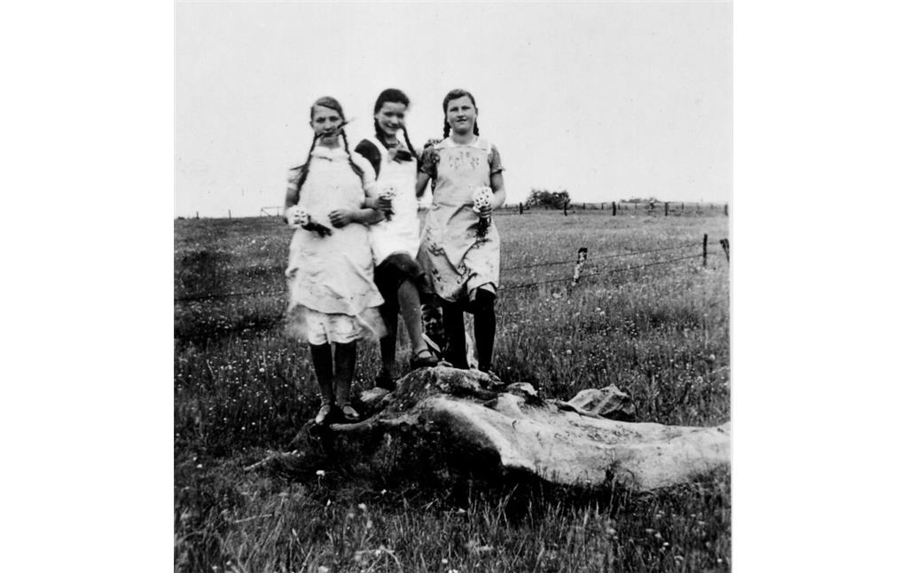 Teufelsstein in Schermbeck-Weselerwald: Als Adele Itjeshorst, Else Buschmann und Hilde Holloh im Jahre 1935 dem Fotografen für ein Foto Modell standen, war der Stein bis auf etwa 60 Zentimeter im Boden versackt.