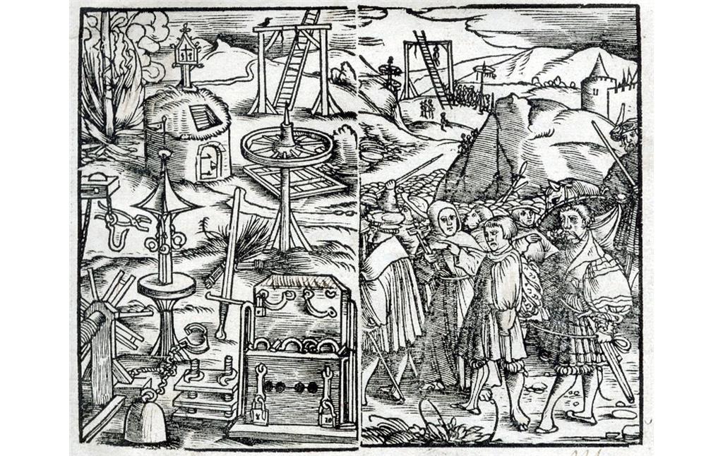 Titelkupfer der "Constitutio Criminalis Carolina" von 1532 mit der Darstellung von Strafen und von Folter- und Hinrichtungsgeräten.