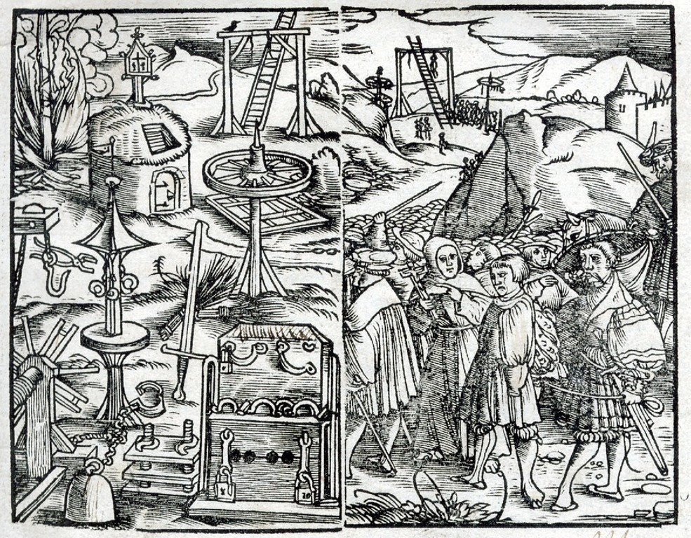 Titelkupfer der "Constitutio Criminalis Carolina" von 1532 mit der Darstellung von Strafen und von Folter- und Hinrichtungsgeräten.