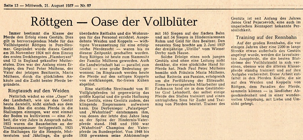 Artikel "Röttgen - Oase der Vollblüter" über das Gestüt in Porz-Heumar (1957).