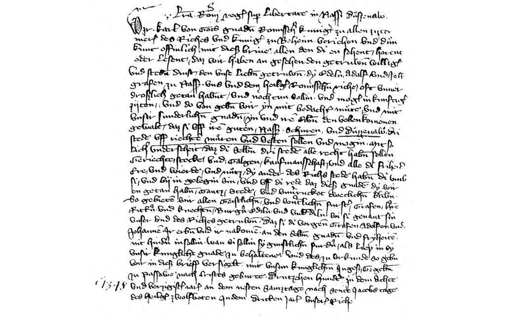 Mittelalterliche Kopie der Stadtrechtsverleihungsurkunde vom 26.07.1348.