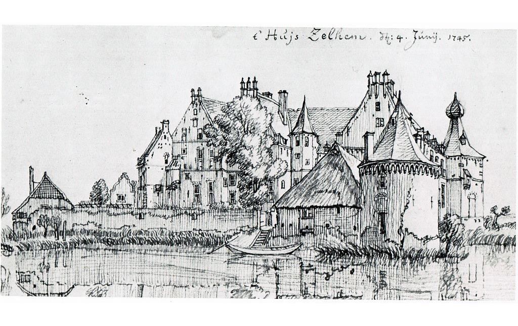 Burg Zelem als Federzeichnung von Jan de Beijer von 1745