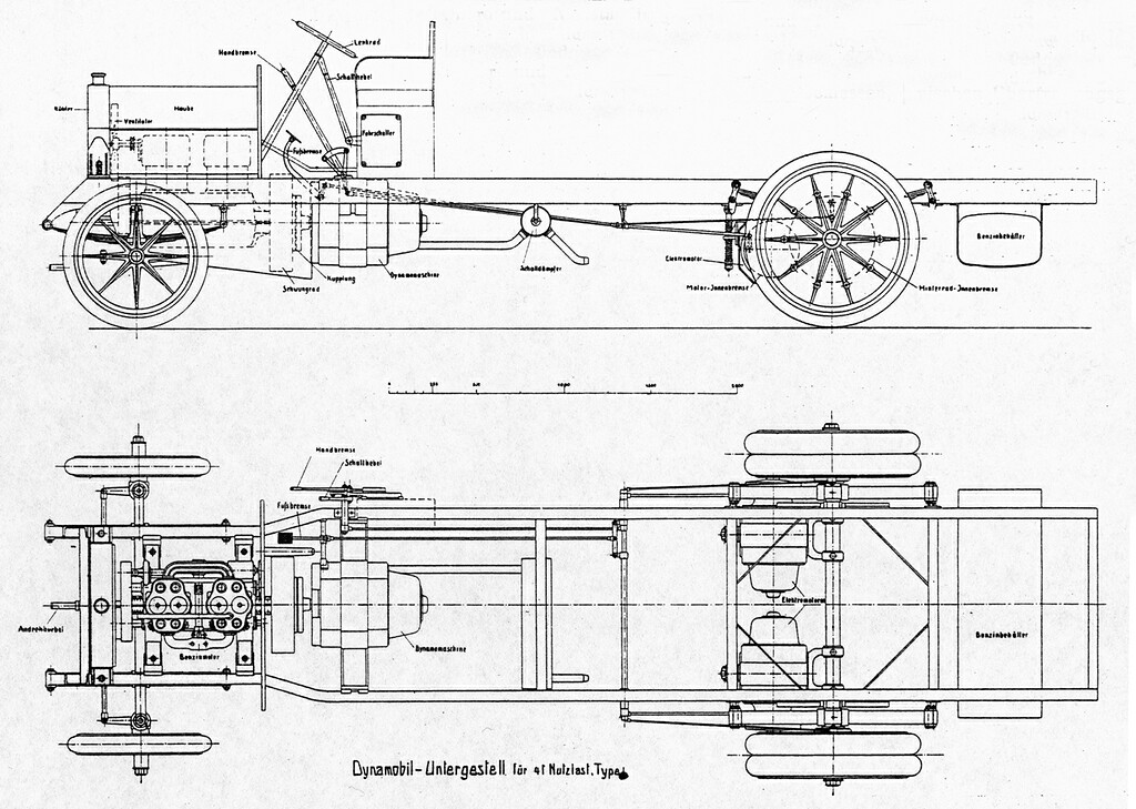 Konstruktionszeichnung "Dynamobil-Untergestell" eines LKW-Nutzfahrzeugs der "E. H. Geist Elektrizitäts AG" in Köln-Zollstock (um 1905). In der Fahrzeugfront sitzt der Benzinmotor, der mit einer Dynamomaschine gekoppelt ist, welche die Elektromotoren an den hinteren Rädern antreibt.