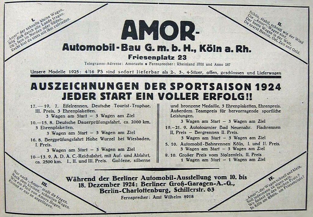 Werbeanzeige für die Kölner "Amor-Automobilbau G.m.b.H." mit der Auflistung verschiedener Erfolge bei Automobilrennen in der Allgemeinen Automobil Zeitung vom 12.12.1924.