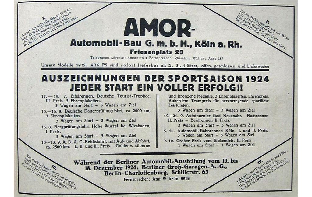 Werbeanzeige für die Kölner "Amor-Automobilbau G.m.b.H." mit der Auflistung verschiedener Erfolge bei Automobilrennen in der Allgemeinen Automobil Zeitung vom 12.12.1924.