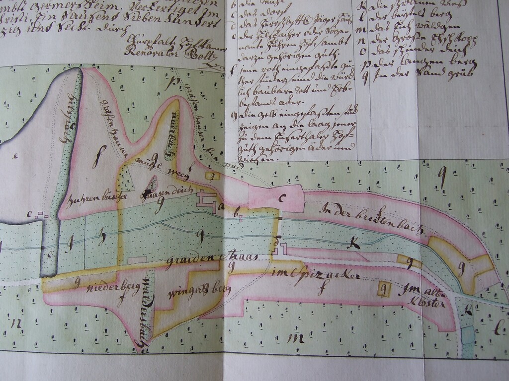 Kolorierter Plan, sogenannter Boltz-Plan, des Klosters und des Dorfs Eußerthal (1776).