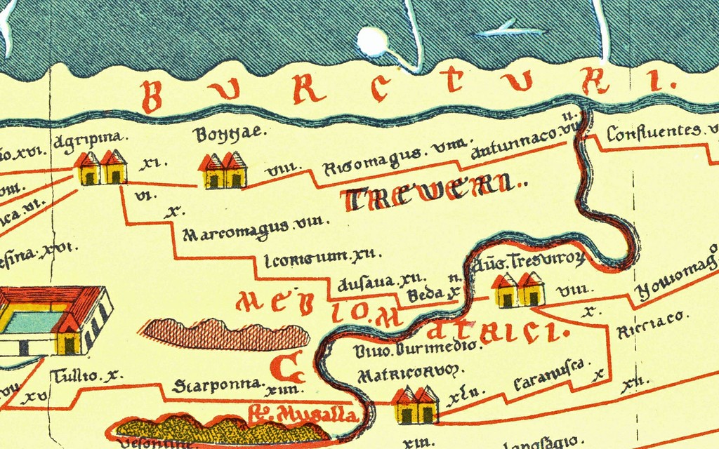 Ausschnitt aus der "Tabula Peutingeriana" mit dem Raum zwischen Köln, Koblenz und Trier.