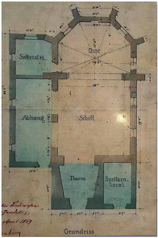 "Alter Turm" in Niederkassel-Lülsdorf: Skizze des Grundrisses der vormaligen St. Jakobus Kirche von 1869 (Abbildung auf der Informationstafel zur Geschichte des Turms, 2018).
