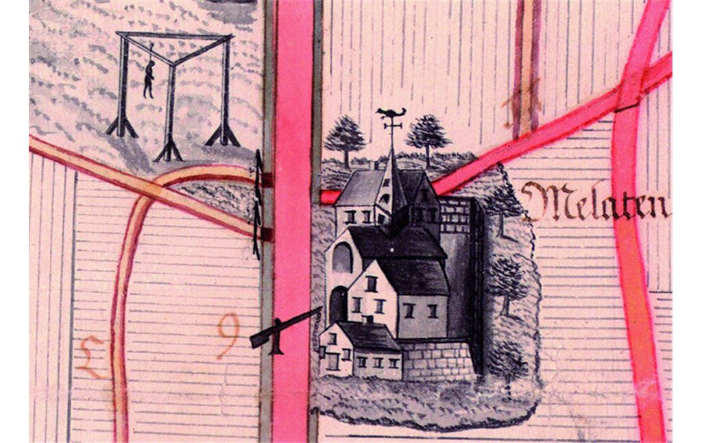 Ausschnitt einer Karte von J. P. Queckenberg (1743): Links der Aachener Straße (vormals Via Belgica) die Richtstätte Rabenstein und rechts der Hof zu Melaten, ein Heim für Kranke und Aussätzige (Leprosorium).