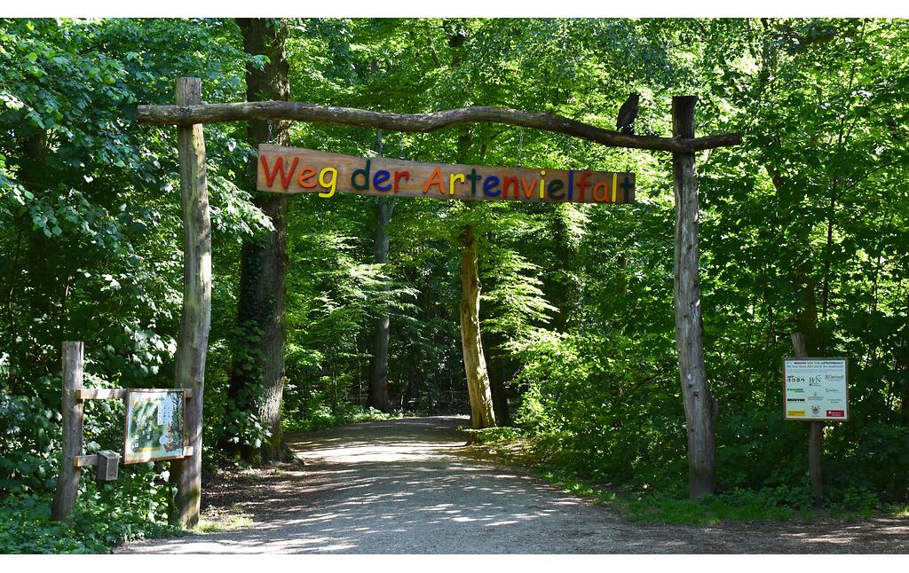 Holztor zum Weg der Artenvielfalt im Wildpark Waldau im Kottenforst (2020).