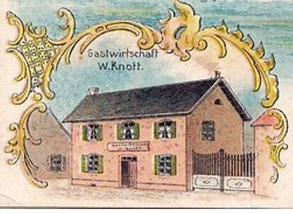 Ausschnitt einer historischen Ansichtskarte (um 1900) aus Porz mit der "Gastwirtschaft W. Knott" darauf.