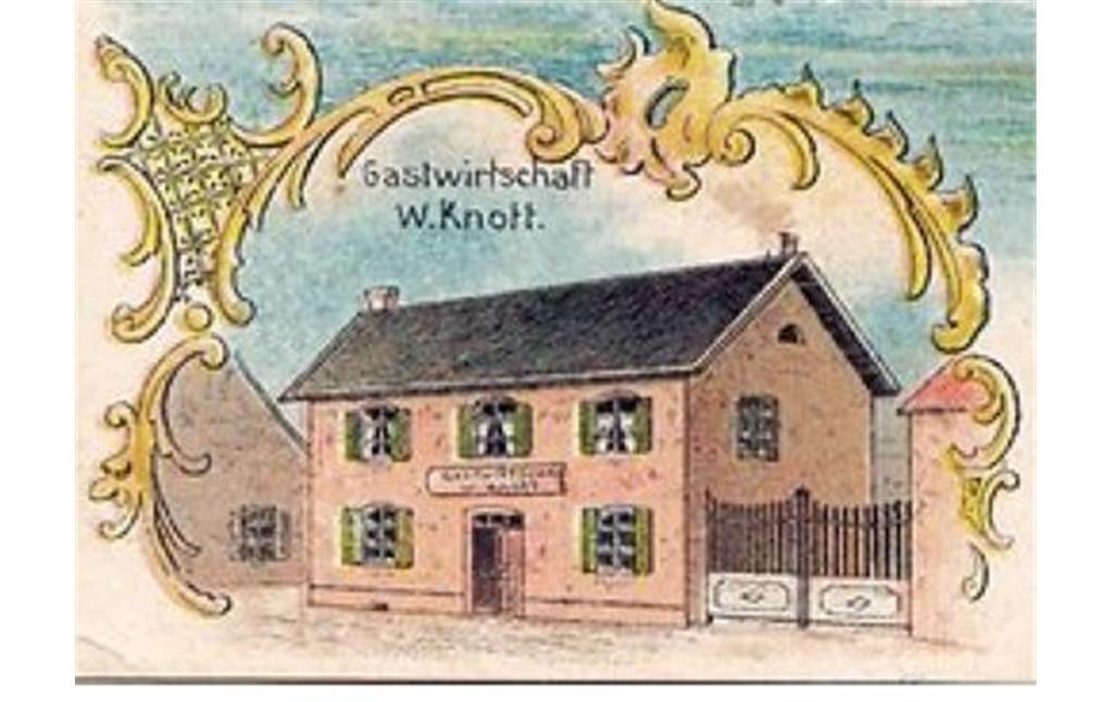 Ausschnitt einer historischen Ansichtskarte (um 1900) aus Porz mit der "Gastwirtschaft W. Knott" darauf.