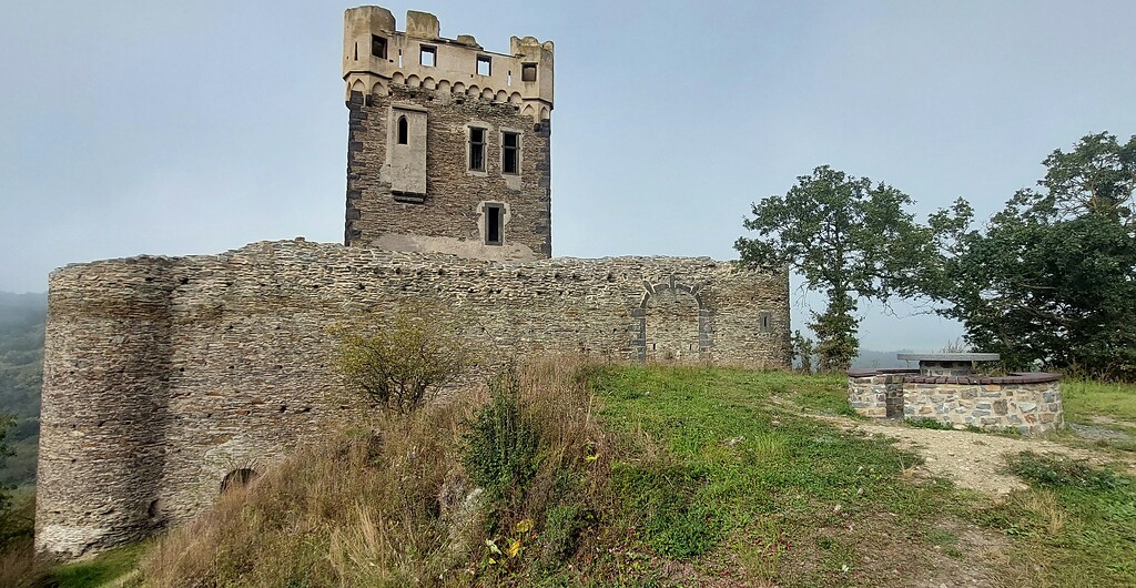 Burgruine Wernerseck bei Ochtendung, Ansicht des mächtigen Wohnturms von Osten (2021).