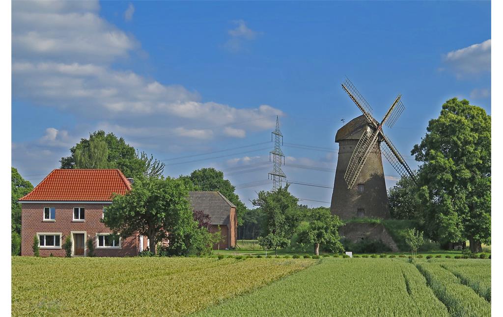 Die in den 1830er-Jahre erbaute Dammer Windmühle gehört heute zu den offiziell ausgewiesenen Baudenkmälern der Gemeinde Schermbeck. Das Foto zeigt eine Ansicht der Mühle von Westen aus im Jahre 2014.