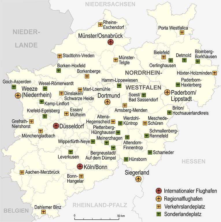 Thematische Karte mit Flughäfen, Verkehrslandeplätzen und Sonderlandeplätzen in Nordrhein-Westfalen, Stand 2007.