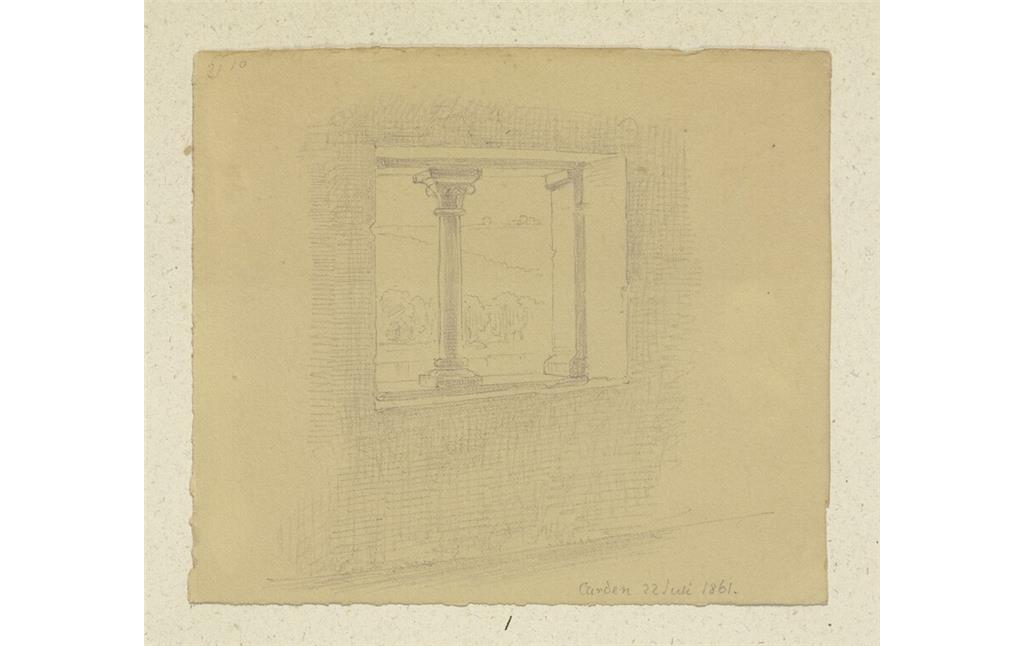 Skizze aus der graphischen Sammlung des Städel, die den Blick aus einem der Fenster im ersten Obergeschoß des Haus Korbisch auf die Mosel zeigt (1861)