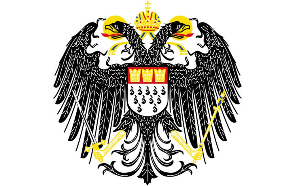 Das Kölner Stadtwappen mit dem doppelköpfigen Reichsadler und den drei Reichsinsignien Krone, Schwert und Zepter.