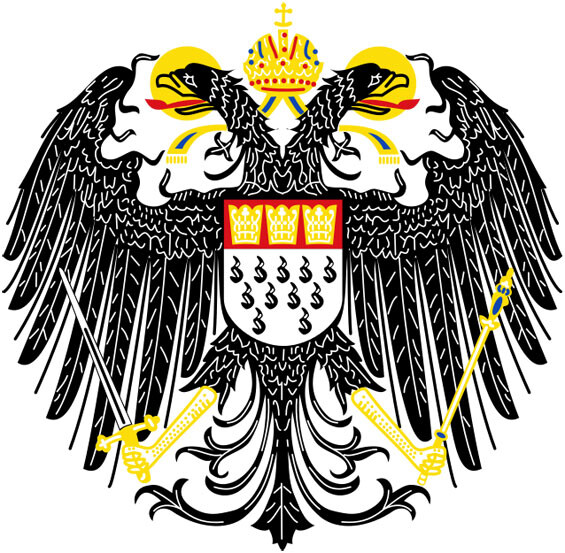 Das Kölner Stadtwappen mit dem doppelköpfigen Reichsadler und den drei Reichsinsignien Krone, Schwert und Zepter.
