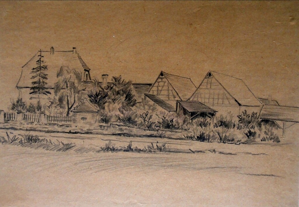 Zeichnung des Dreiseithofs aus Richtung Norden von Max Rappmann