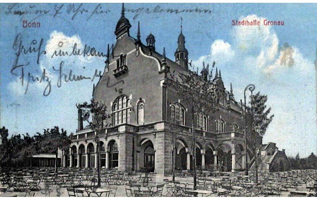 Auf das Jahr 1900 datierte Farbpostkarte "Bonn, Stadthalle Gronau".