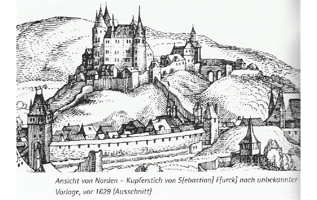 Vor 1629 angefertigter Kupferstich der Kauzenburg in Bad Kreuznach
