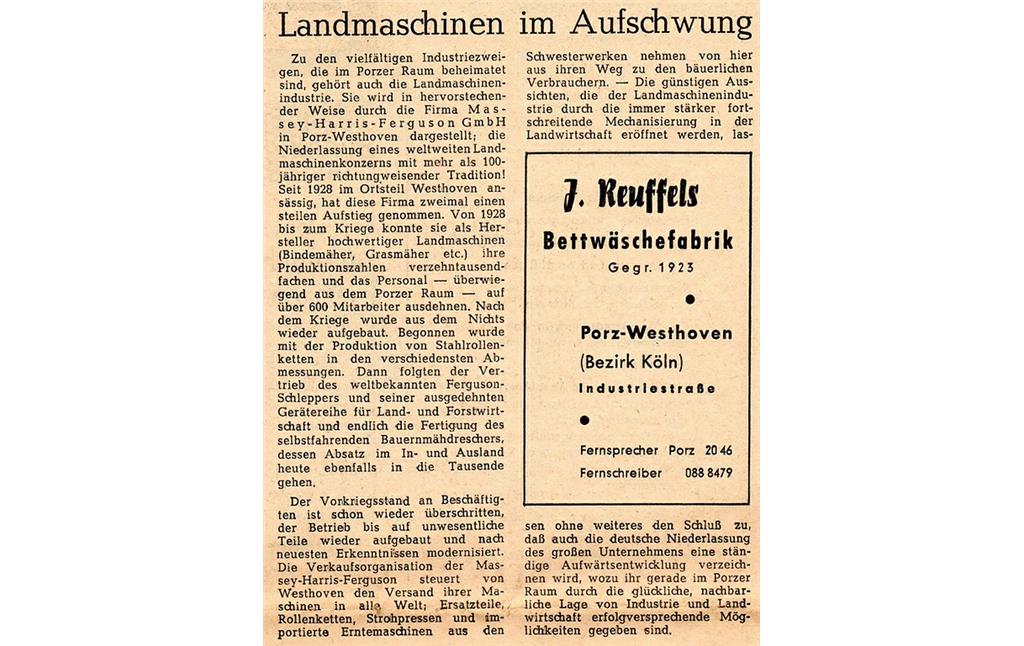 Artikel "Landmaschinen im Aufschwung" über die Landmaschinenfabrik Massey-Harris-Ferguson in Köln-Westhoven (1957).