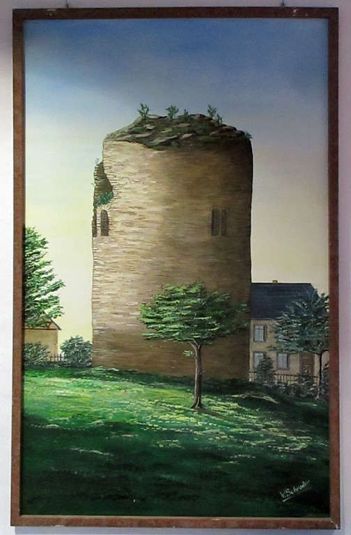 Gemälde des "Alten Turms" in Kaisersesch, dem nordwestlichen Rundturm der früheren Stadtbefestigung (2015). Darstellung des vor der Renovierung um 1980/81 erhaltenen Bestandes durch den Kaisersescher Maler Willy Schrader (1990er Jahre).