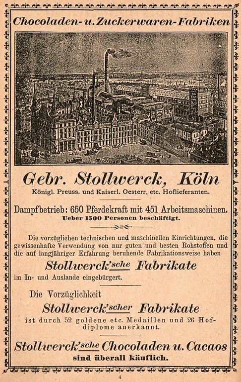 Werbeanzeige des Kölner Schokoladenherstellers Gebr. Stollwerck (1893).