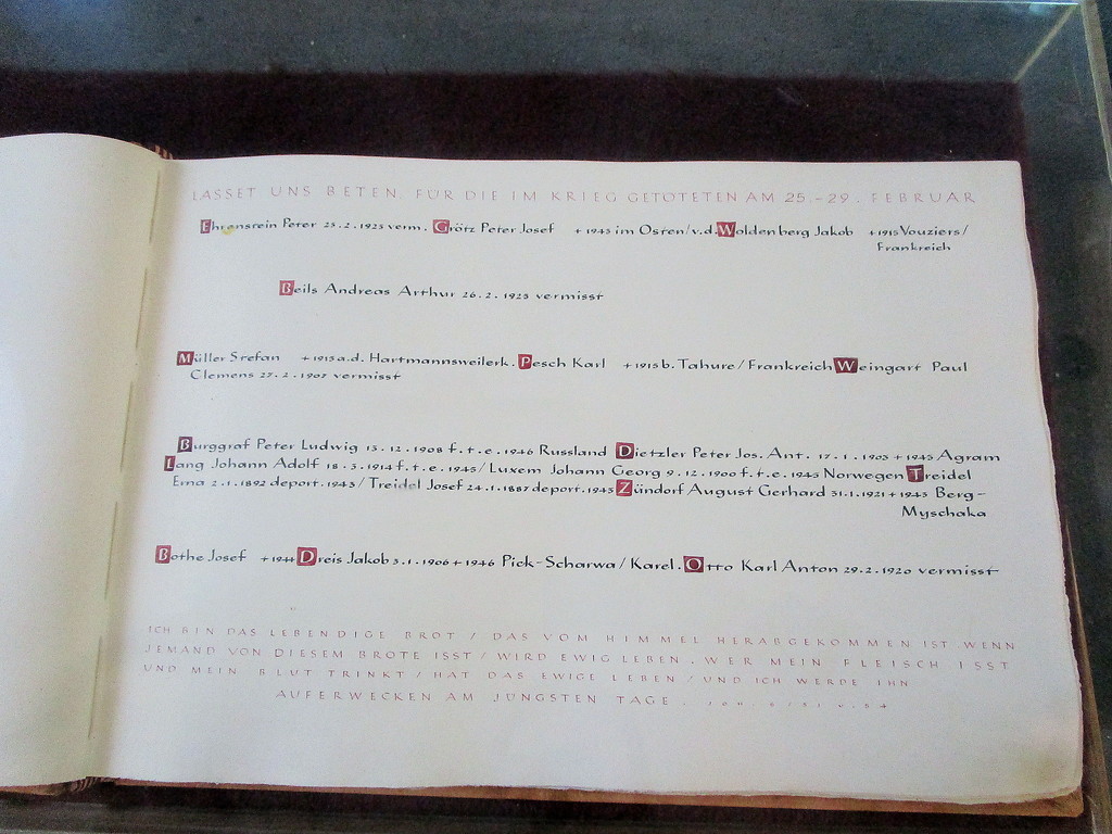 Eine Seite in dem Buch zum Gedenken an die Kriegsopfer in der Mayener Heilig-Geist-Kapelle (2015).