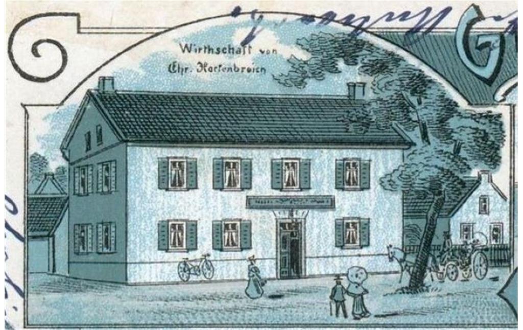 Ausschnitt einer historischen Ansichtskarte (etwa 1905) aus Porz mit der "Wirtschaft von Chr. Hackenbroich" darauf. Der Haupteingang des Gasthauses Hackenbroich lag an der Hauptstraße, im Jahr 1971 wurde es abgerissen.