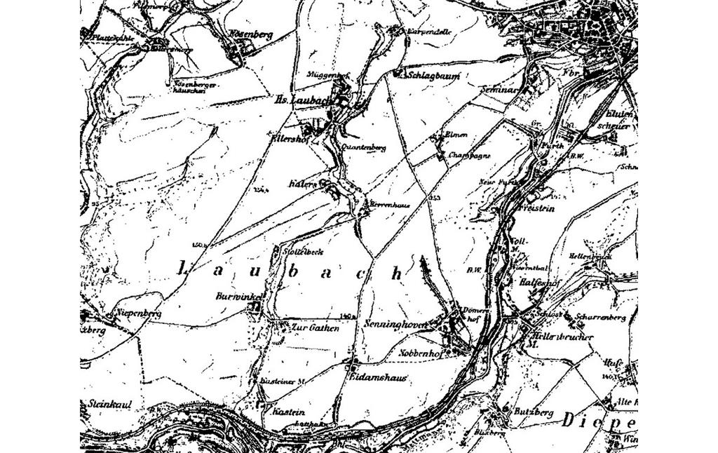 Ausschnitt der Karte "Preussische Neuaufnahme" (1891-1912) entlang des Verlaufs des Laubach bei Mettmann