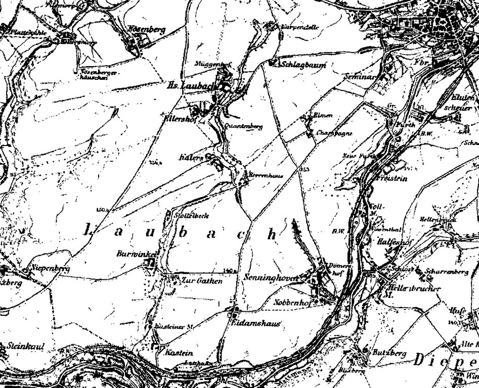 Ausschnitt der Karte "Preussische Neuaufnahme" (1891-1912) entlang des Verlaufs des Laubach bei Mettmann