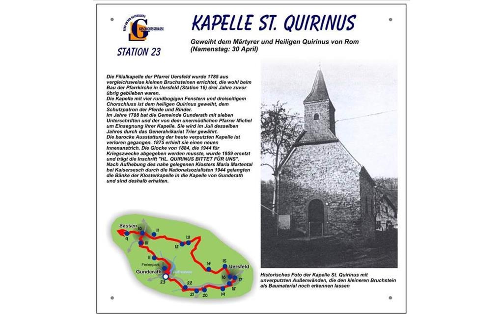 Informationstafel: Geschichtsstraße Abschnitt 1: Route Uersfeld-Gunderath, Station 23 Kapelle St. Quirinus.