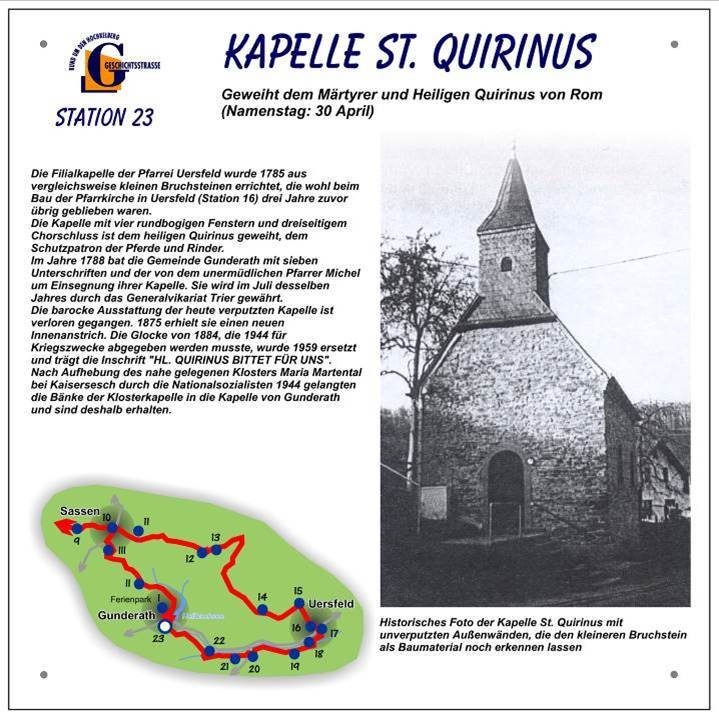 Informationstafel: Geschichtsstraße Abschnitt 1: Route Uersfeld-Gunderath, Station 23 Kapelle St. Quirinus.