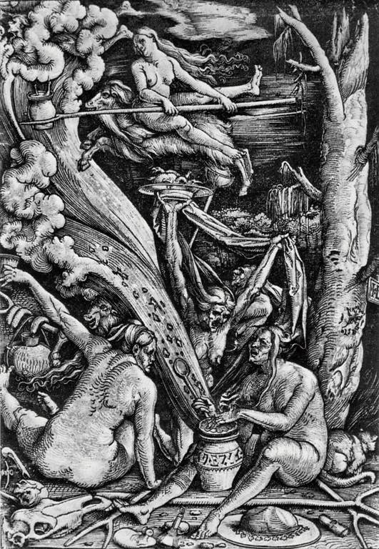 "Hexensabbat" mit Zubereitung eines Hexenmahls und Flug auf dem Bock, Holzschnitt von Hans Baldung Grien (1510).