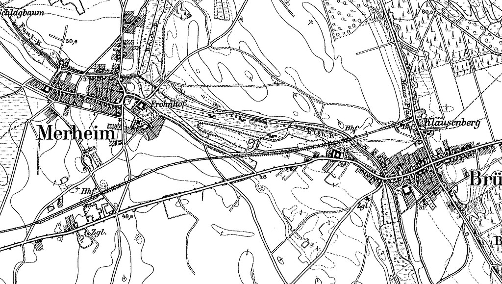 Ausschnitt aus der Preußischen Kartenaufnahme 1891-1912 - Neuaufnahmen im Maßstab 1:25.000. Dargestellt sind die Dörfer Merheim und Brück.
