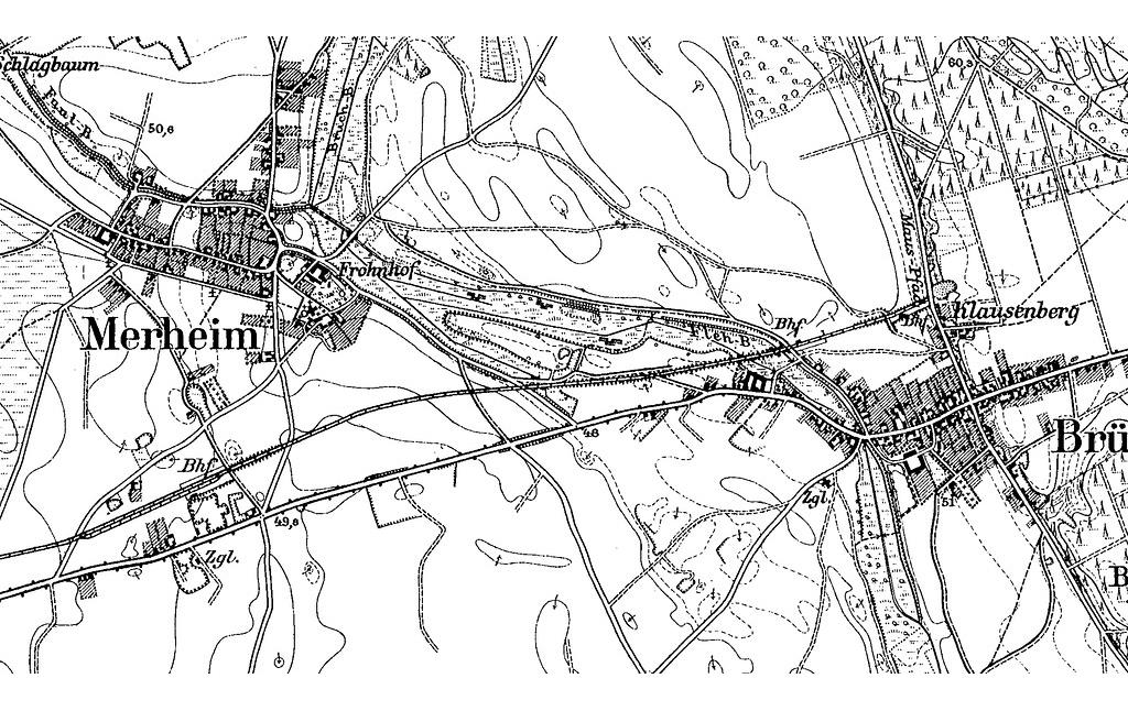 Ausschnitt aus der Preußischen Kartenaufnahme 1891-1912 - Neuaufnahmen im Maßstab 1:25.000. Dargestellt sind die Dörfer Merheim und Brück.